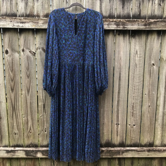 Boden Midi Dress Size 20 Blue Floral Watercolor Long Balloon Sleeve Pleated - Picture 14 of 16